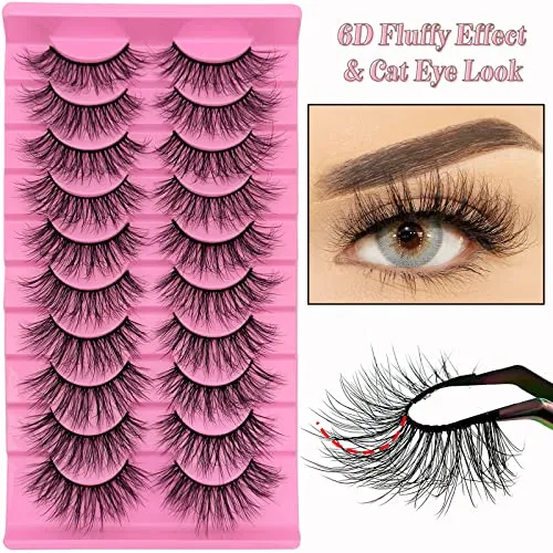 10 Pairs Fluffy Faux Mink Lashes Wispy Cat Eye False Eyelashes, Wispy Dramatic Lashes 20mm Long Lashes, Thick Volume Crossed Soft Curly Fake Lashes Lightweight Big Eye Lashes Pack(XZ09)