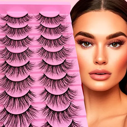 10 Pairs Fluffy Faux Mink Lashes Wispy Cat Eye False Eyelashes, Wispy Dramatic Lashes 20mm Long Lashes, Thick Volume Crossed Soft Curly Fake Lashes Lightweight Big Eye Lashes Pack(XZ09)