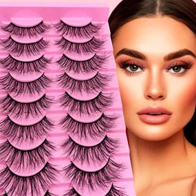 10 Pairs Fluffy Faux Mink Lashes Wispy Cat Eye False Eyelashes, Wispy Dramatic Lashes 20mm Long Lashes, Thick Volume Crossed Soft Curly Fake Lashes Lightweight Big Eye Lashes Pack(XZ09)