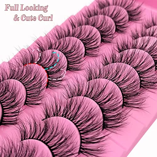 10 Pairs Fluffy Faux Mink Lashes Wispy Cat Eye False Eyelashes, Wispy Dramatic Lashes 20mm Long Lashes, Thick Volume Crossed Soft Curly Fake Lashes Lightweight Big Eye Lashes Pack(XZ09)