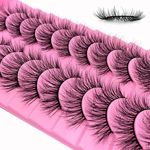 10 Pairs Fluffy Faux Mink Lashes Wispy Cat Eye False Eyelashes, Wispy Dramatic Lashes 20mm Long Lashes, Thick Volume Crossed Soft Curly Fake Lashes Lightweight Big Eye Lashes Pack(XZ09)