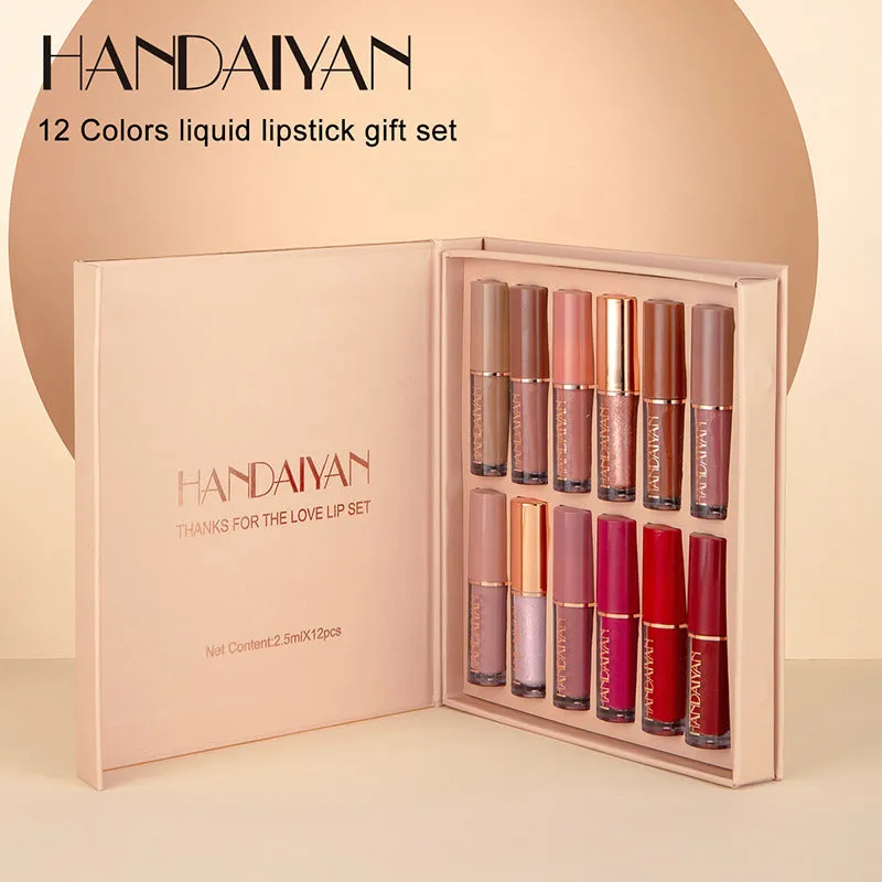 12-Color Book Lip Gloss Set Matte & Pearl Finish Non-Stick Cup Lip Glaze Lipstick Kit