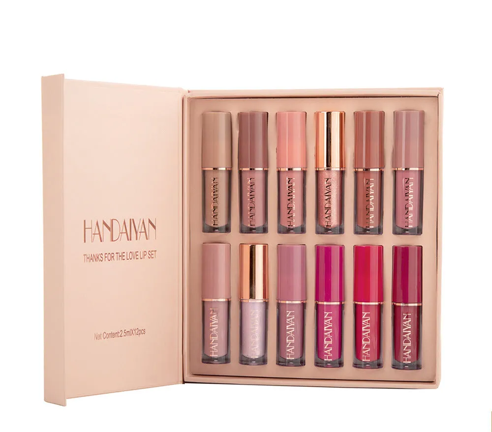 12-Color Book Lip Gloss Set Matte & Pearl Finish Non-Stick Cup Lip Glaze Lipstick Kit