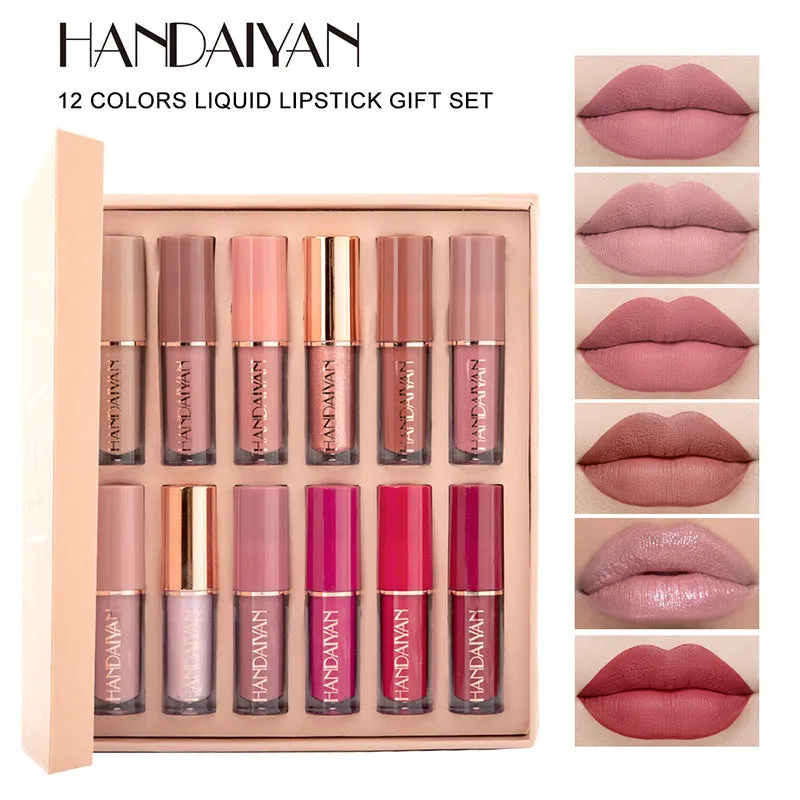 12-Color Book Lip Gloss Set Matte & Pearl Finish Non-Stick Cup Lip Glaze Lipstick Kit