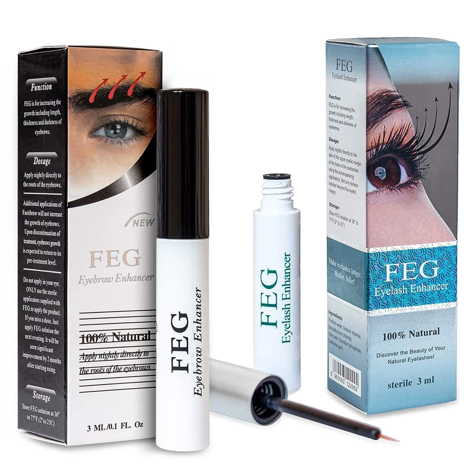 FEG Eyelash & Eyebrow Enhancer Serums; 100% Natural, Irritation Free Ingredients. Enhance Your Eye Lash and Eye Brow Growth; 100% Authentic